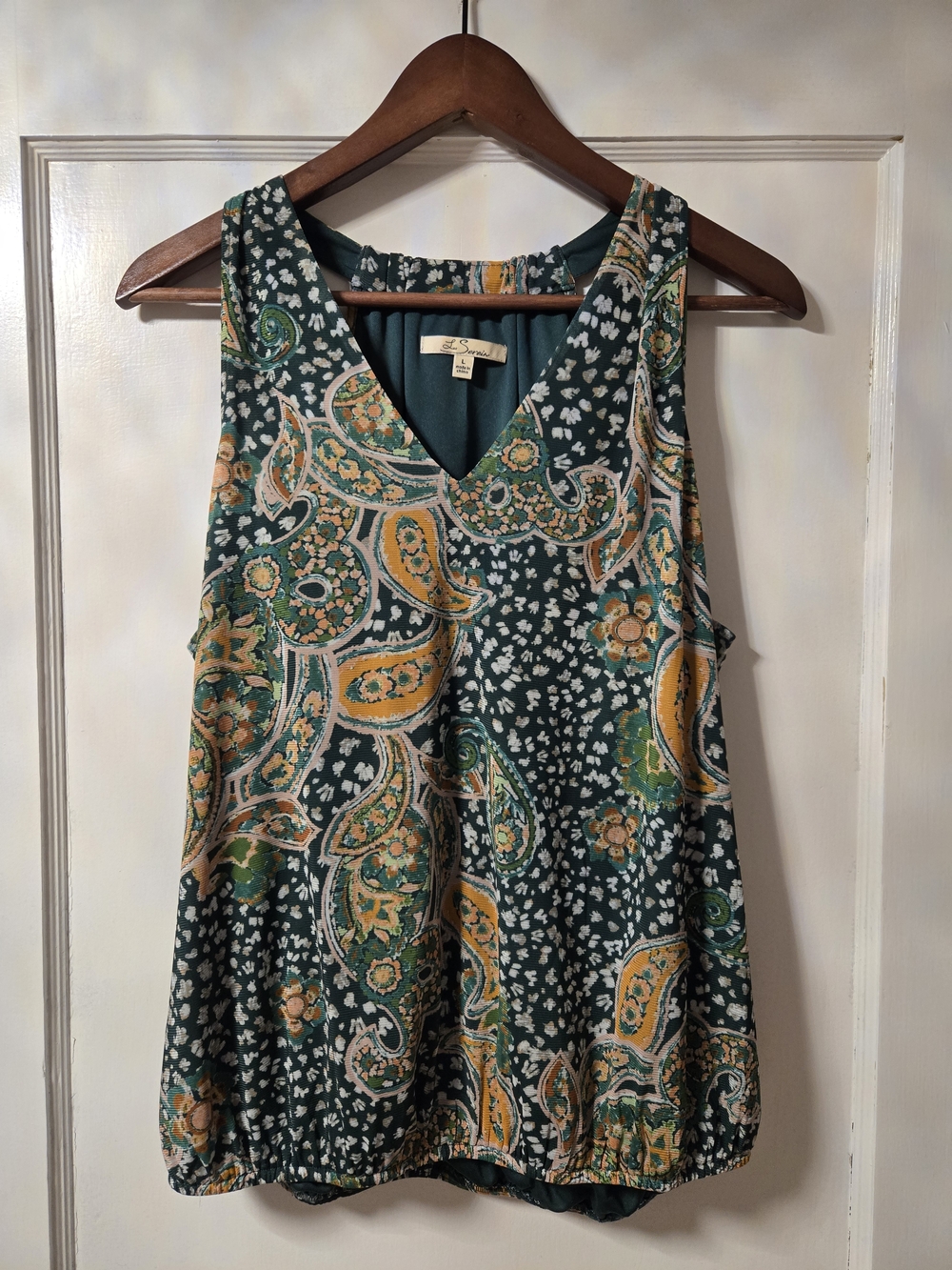 Les Serein Green Paisley V-Neck Tank with Yellow Accents